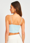 Blue lace detailed tank top with plunge neckline, adjustable spaghetti straps, fully lined and a smocked back.