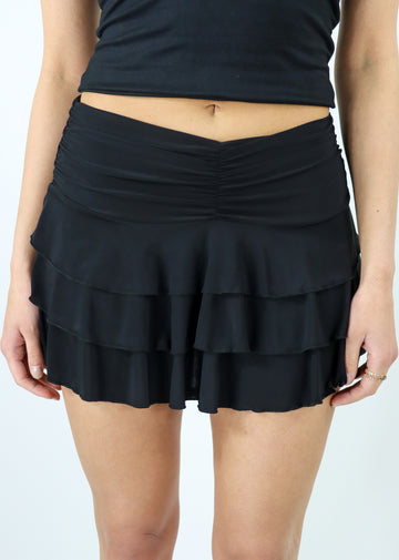 black ruched front tiered ruffle mini skirt - Rock N Rags