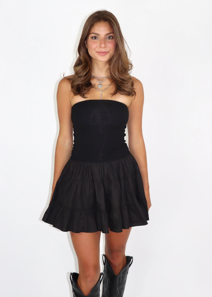 Black strapless dress flowy drop waist skirt ruffle tiered skirt 