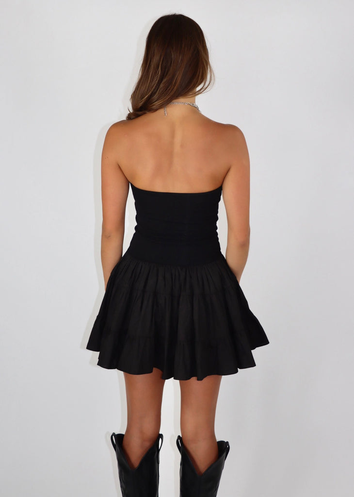 Black strapless dress flowy drop waist skirt ruffle tiered skirt 