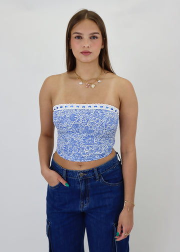 Blue and white floral strapless top white and blue ribbon detailing zip up back summer top European summer tube top strapless top 