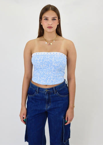 Blue and white floral strapless top white and blue ribbon detailing zip up back summer top European summer tube top strapless top 