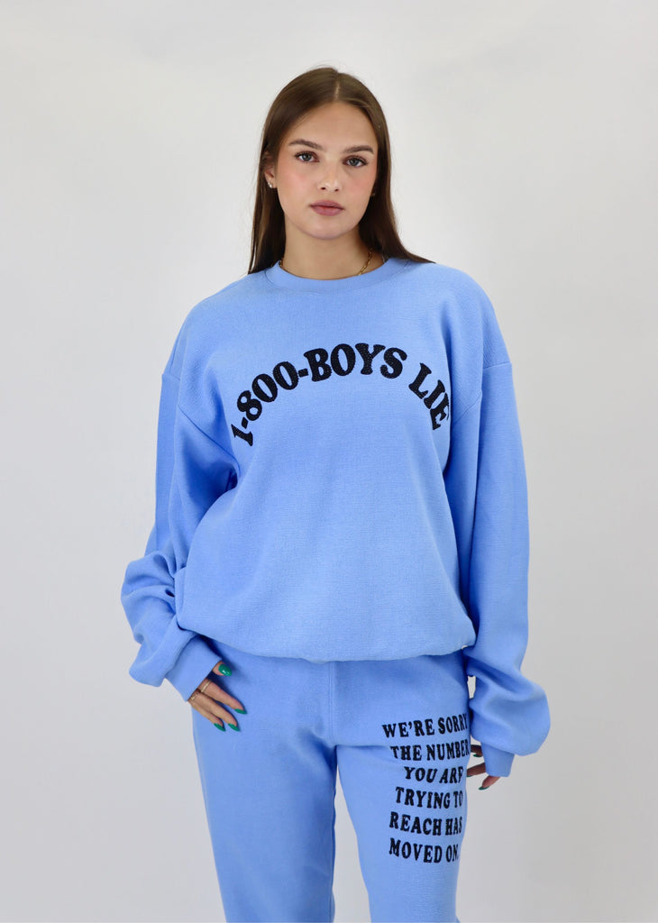 Boys Lie 1-800 crewneck sweat set viral clothing blue lounge wear 