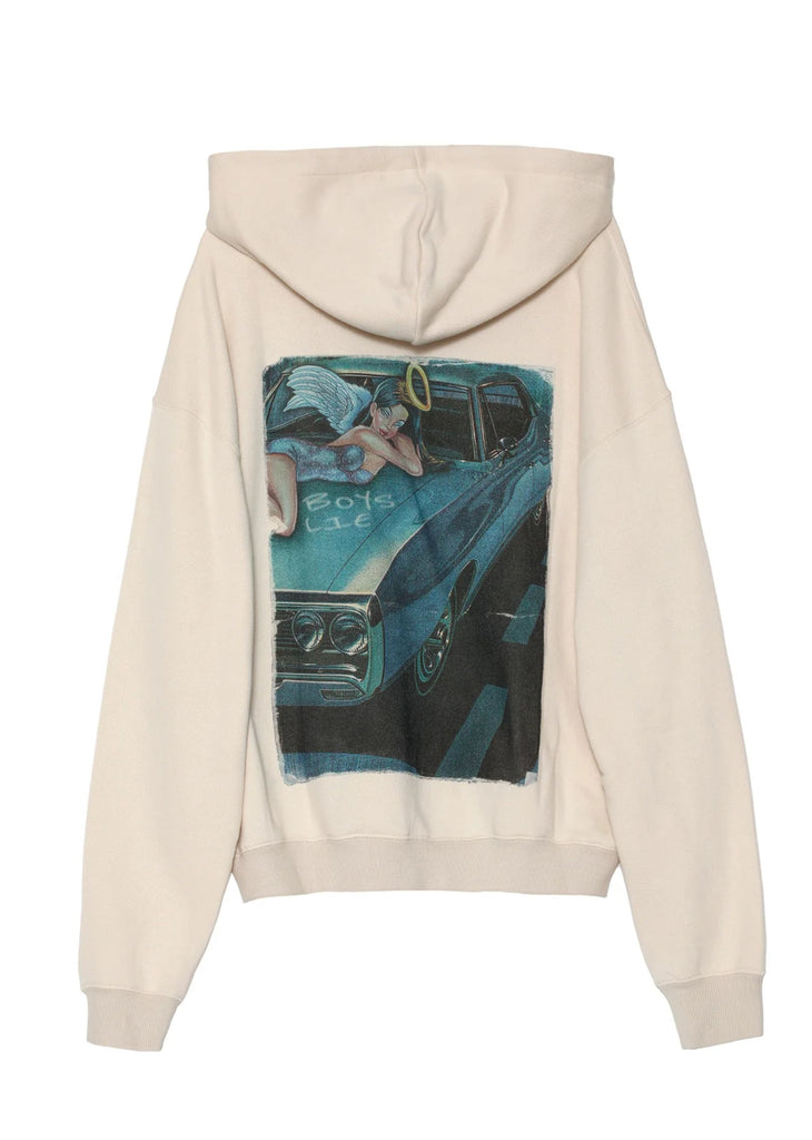 Boys Lie Fully Restored Racer Hoodie Embroidered Cream Angel On Car Blue Graphic
