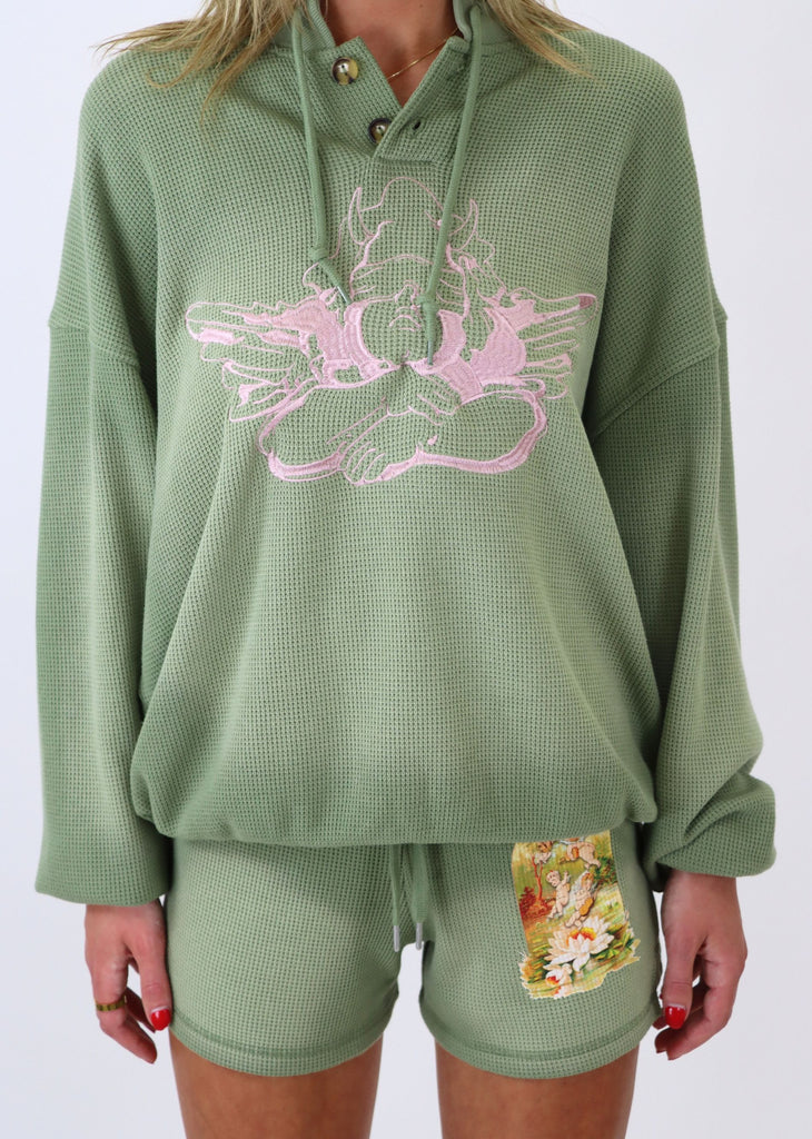 Boys Lie Heartstrings Thermal Henley Olive Green Embroidered Light Pink Logo