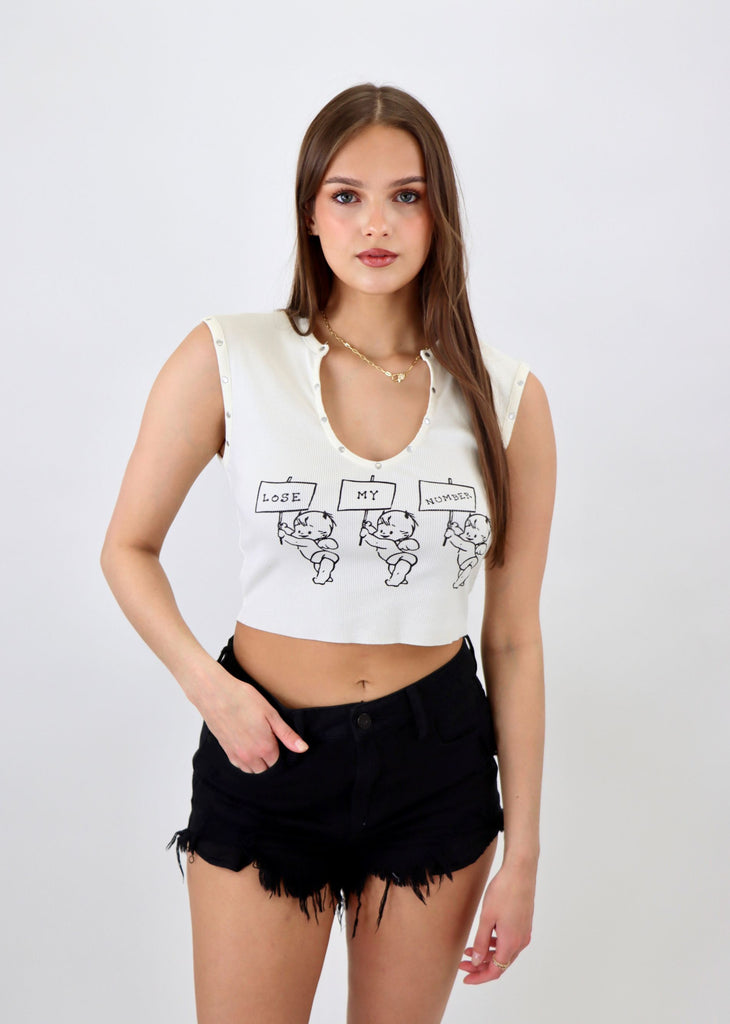  White tank top, Boys Lie Graphic in Front and Back, Low V-Neckline, Cropped Fit, Metal Stud Detailing