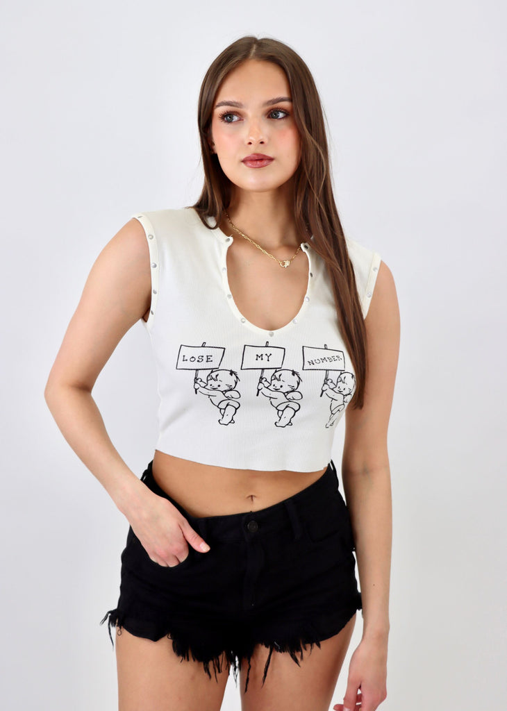  White tank top, Boys Lie Graphic in Front and Back, Low V-Neckline, Cropped Fit, Metal Stud Detailing