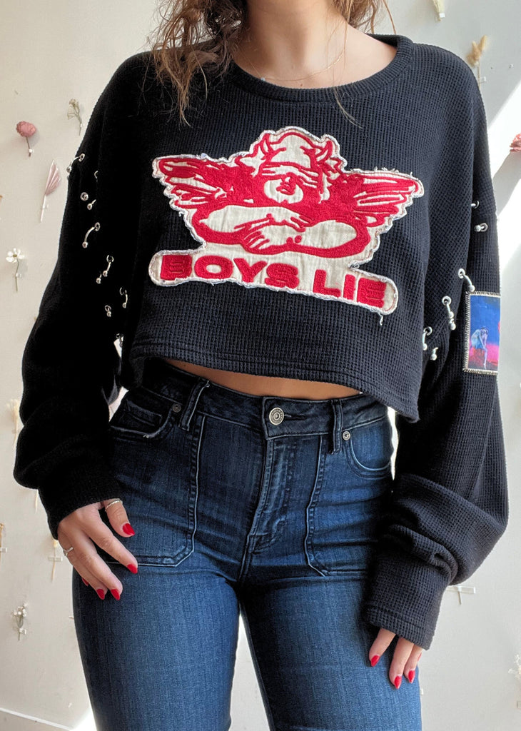 Boys Lie Stitch Me Up Thermal Crop Boyfriend Long Sleeve ★ Black