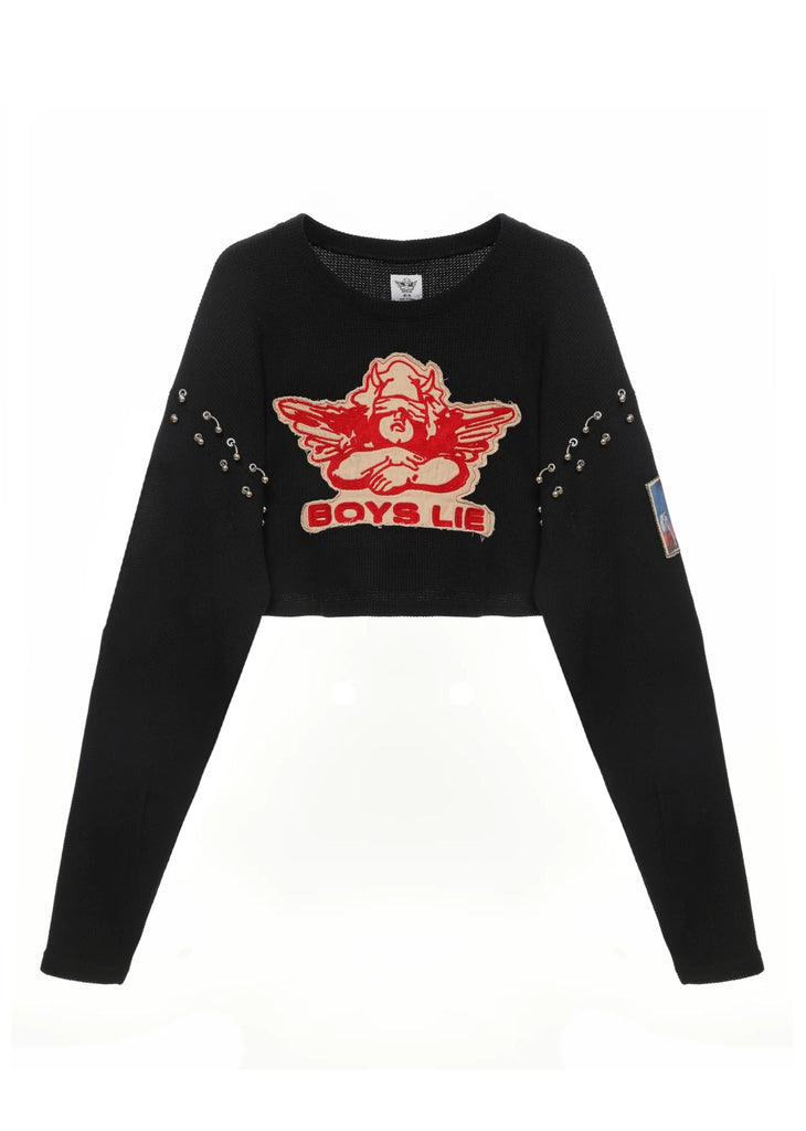 Boys Lie Stitch Me Up Thermal Crop Boyfriend Long Sleeve ★ Black