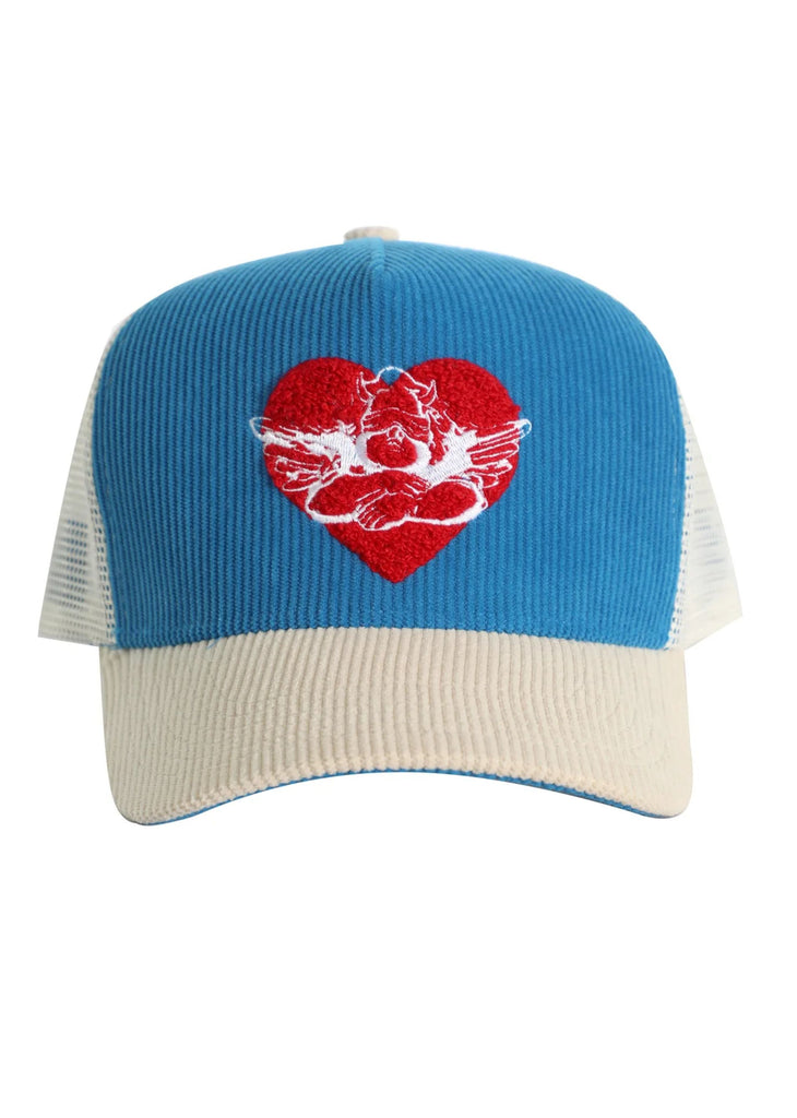 Boys Lie Yours Truly Corduroy Trucker Hat Blue Red Terry Cloth Corduroy Logo Heart Back