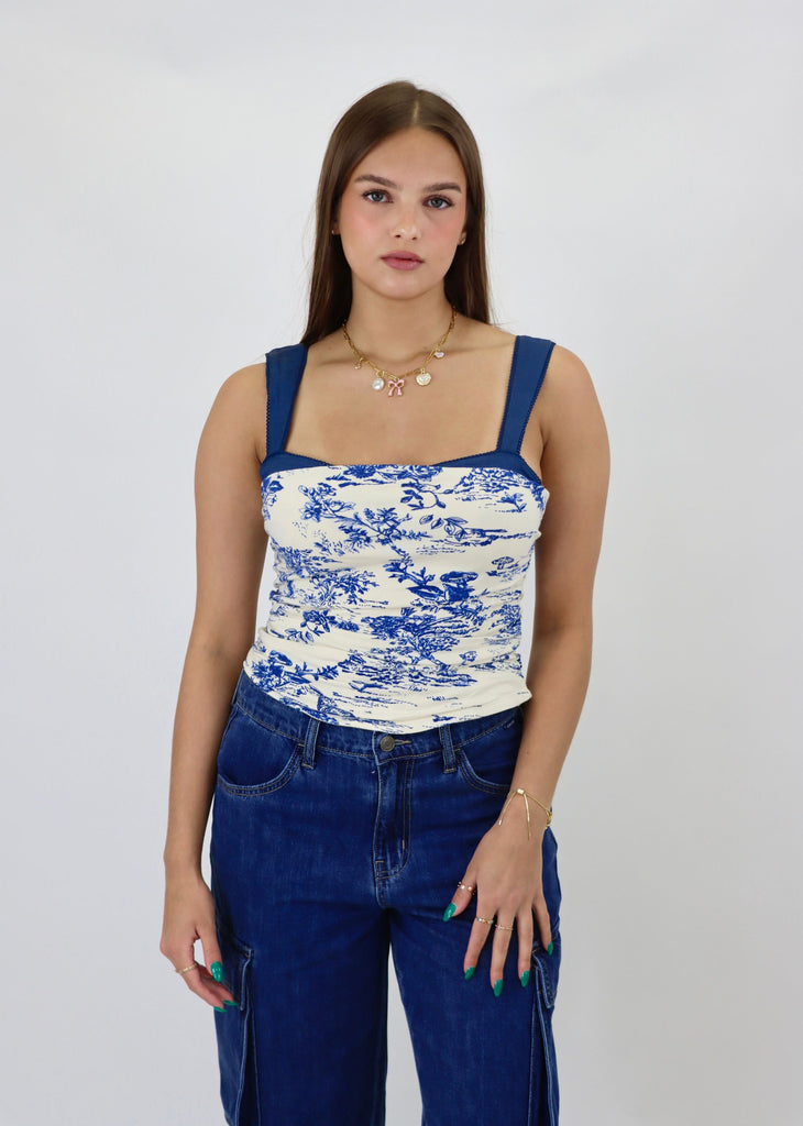 Free people blue flower pattern color blocked straps summer top tank top 