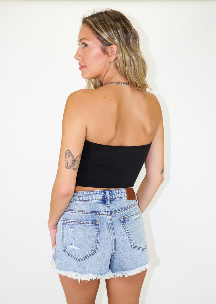 black twisted bust and hem cut out front strapless cropped tank top tube top spring summer warm weather top spring break going out festival look women's clothing