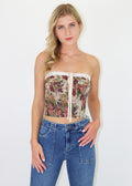 Ribbon front corset tapestry top. Lace up back. Strapless.