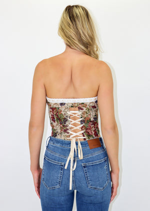 Ribbon front corset tapestry top. Lace up back. Strapless.