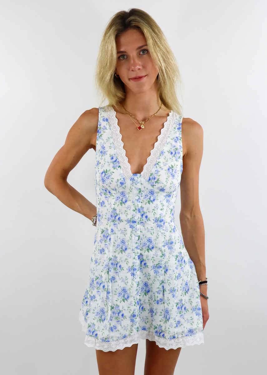 Sweet Serotonin Mini Dress ★ White & Blue Floral – Rock N Rags