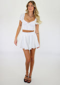 white smocked adjustable tie waistband chiffon shorts lined high waisted flowy neutral basics spring summer going out night out casual dressed up women's clothing