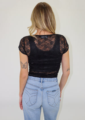 black beguile sheer lace top short cap sleeve crew high neckline ruching detail night out neutral edgy women's clothing