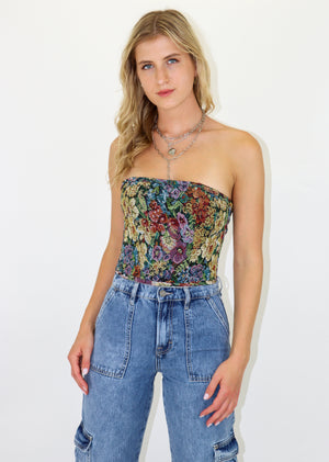 Strapless floral tapestry top, lace up back.
