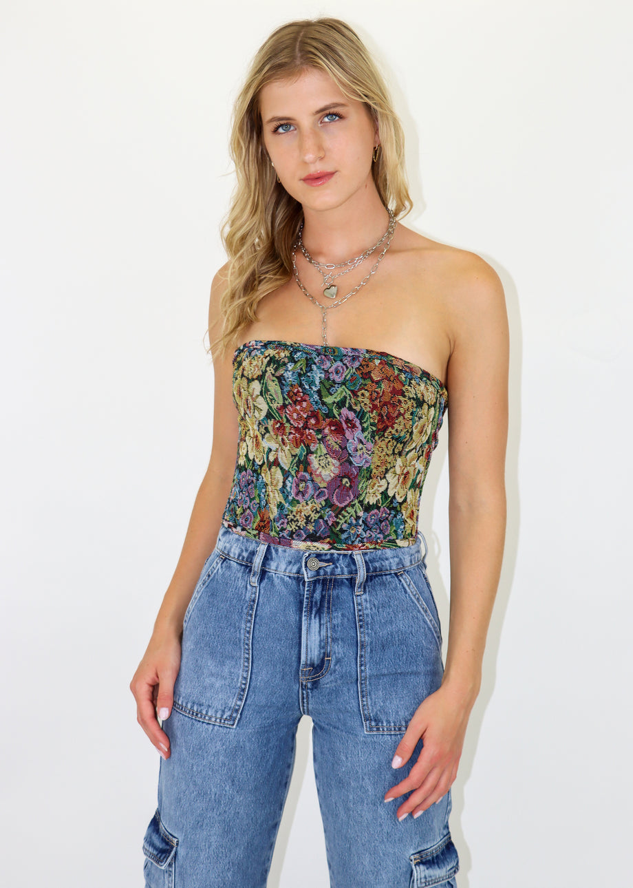 Floral Strapless Tapestry Style Corset Top