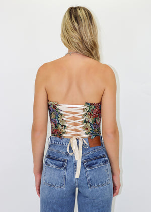 Strapless floral tapestry top, lace up back.