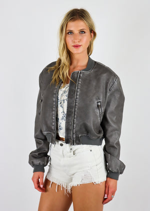 Gray cropped bomber jacket. Burnout leather color (faux leather).
