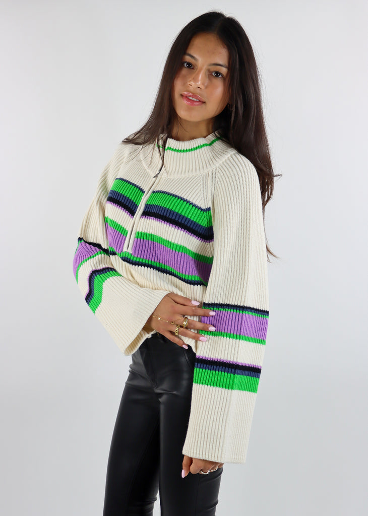 Free People Striped Greta Half-Zip ★ Green and Purple Stripe