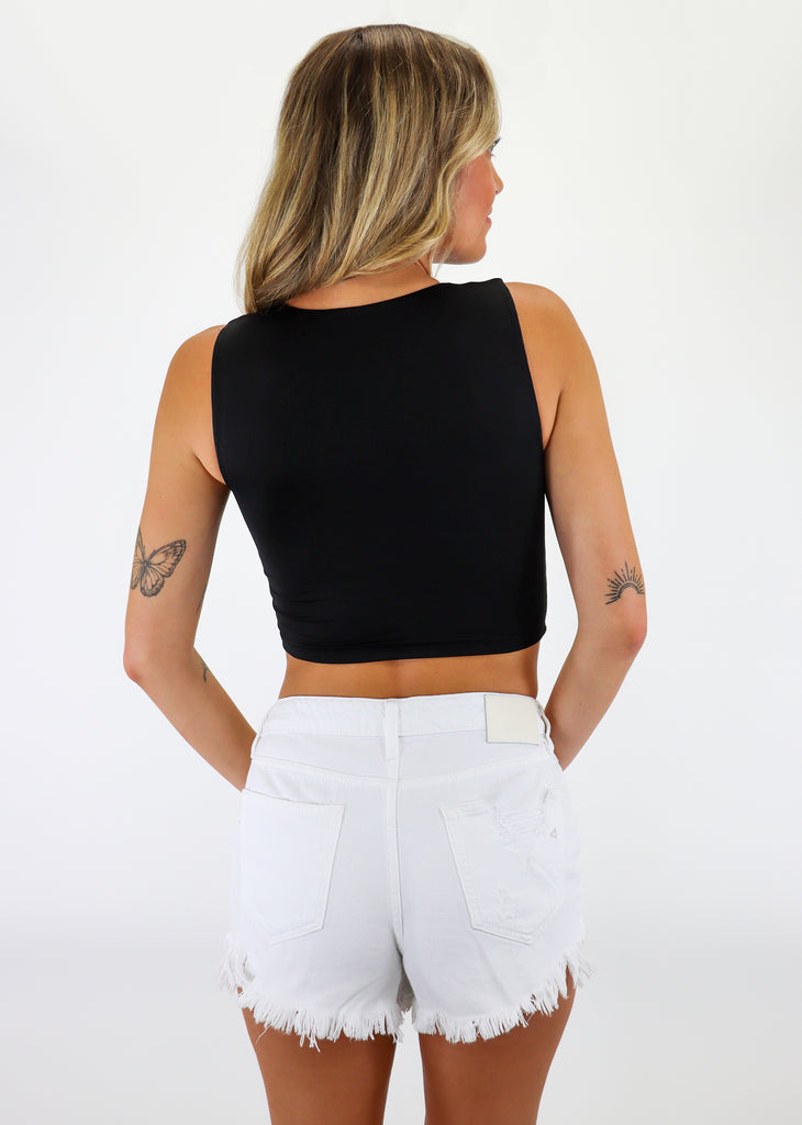 black tight high crew neck muscle tank top cropped length plain simple sleeveless neutral capsule wardrobe closet essential basics night out women's clothing