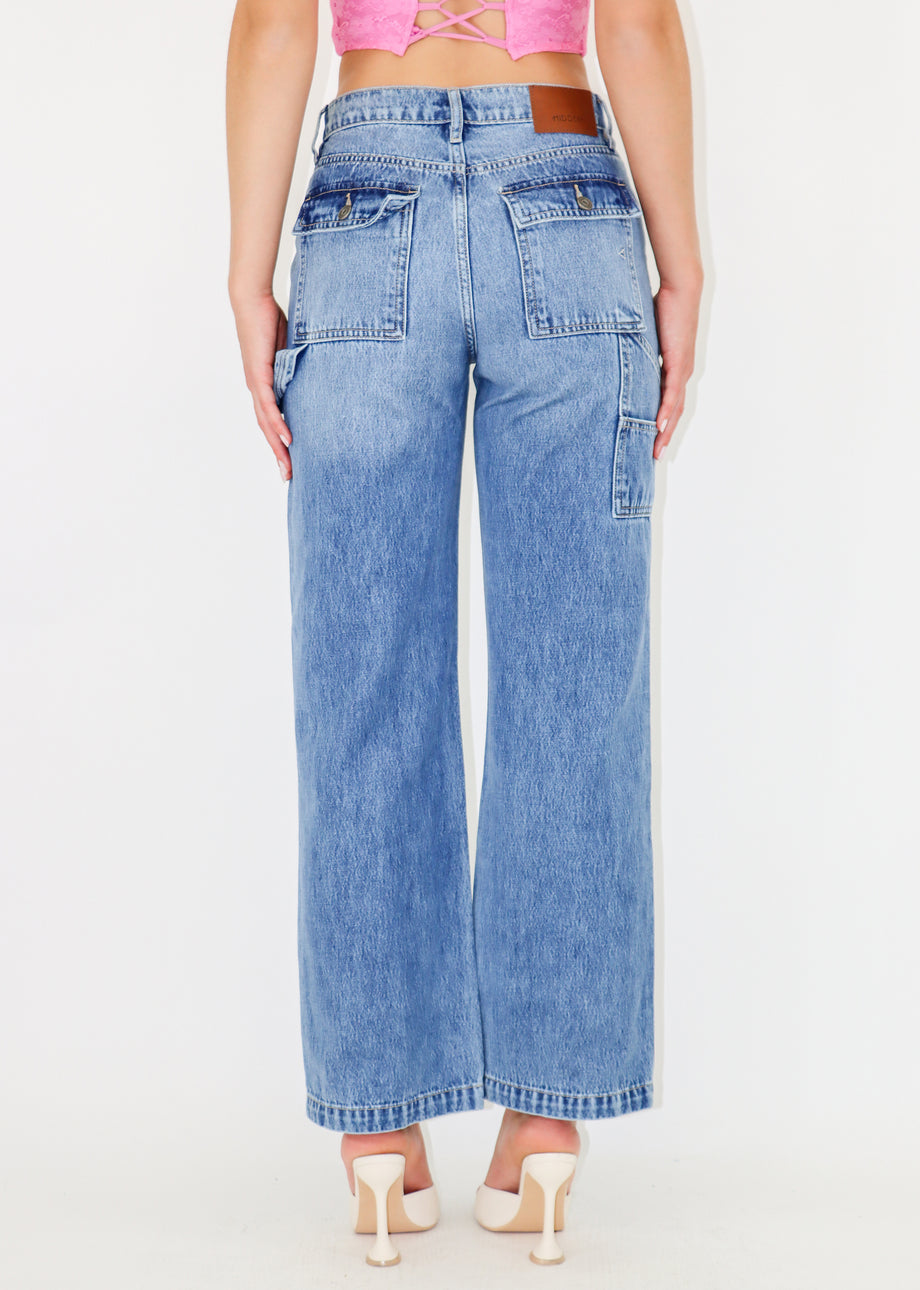 Cargo Pocket Mid-Rise Flare Jeans