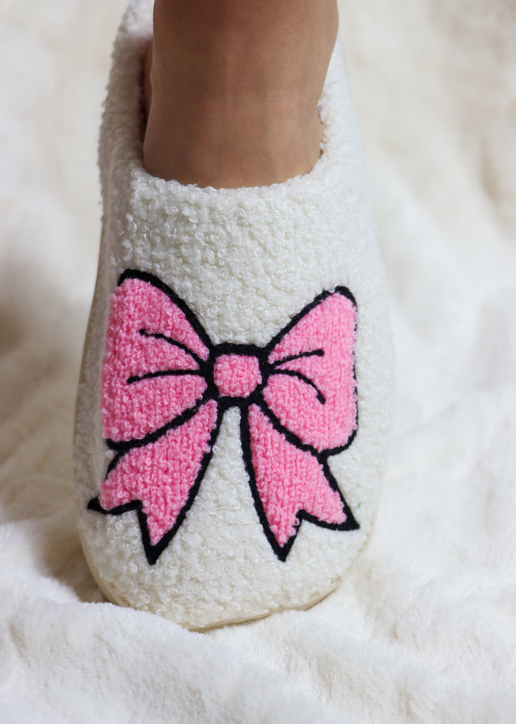 Bowknot Fuzzy Slip-on Slippers ★ Pink & White