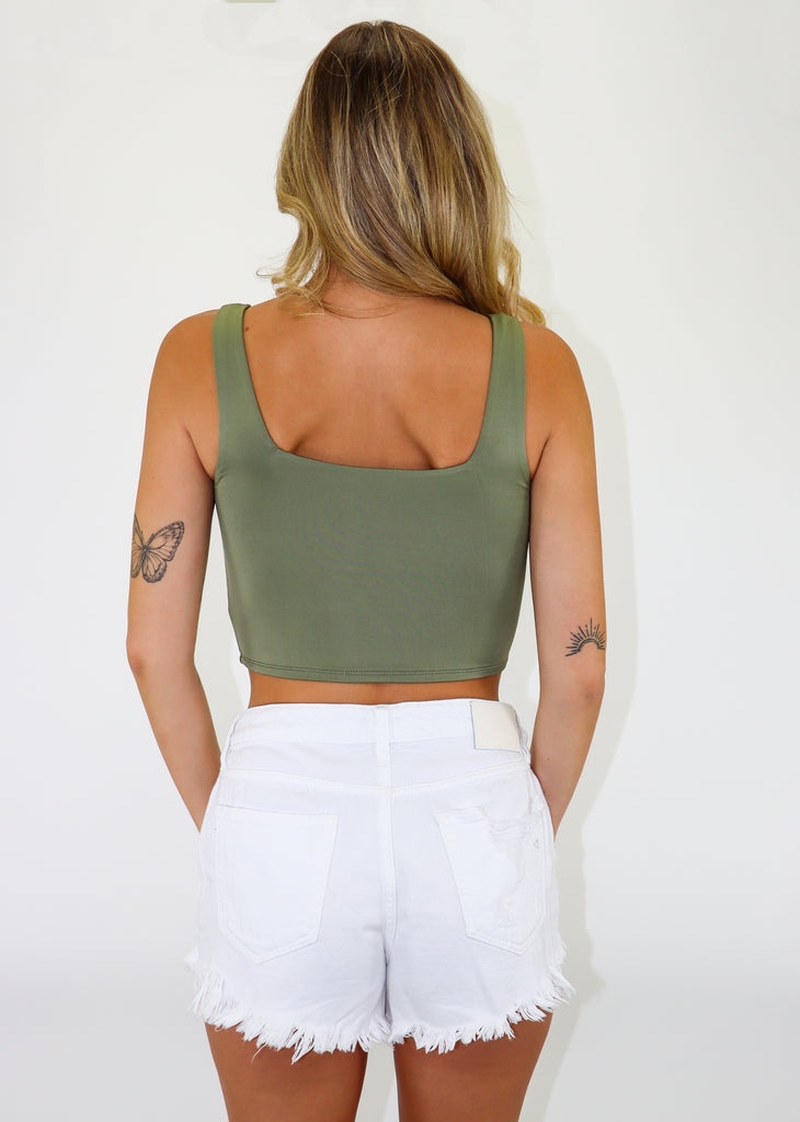 Olive tank top, square neckline, cropped