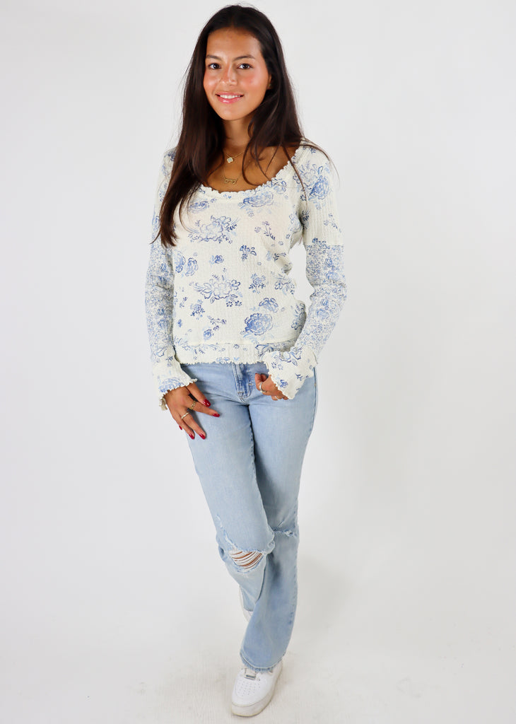 Free People Clover Printed Thermal ★ Blue and Cream