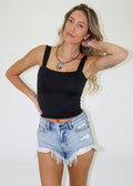black thick strap full length cami tank top square neckline form fitting simple plain neutral closet essential capsule wardrobe basics day out layering piece women's clothing