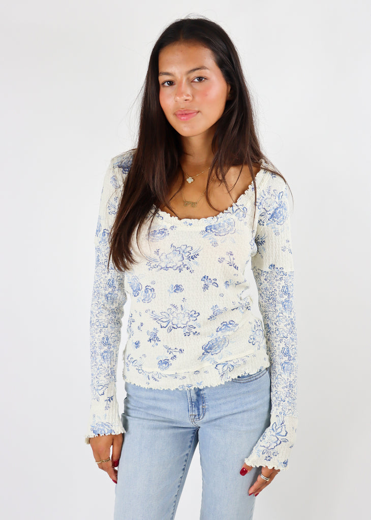 Free People Clover Printed Thermal ★ Blue and Cream