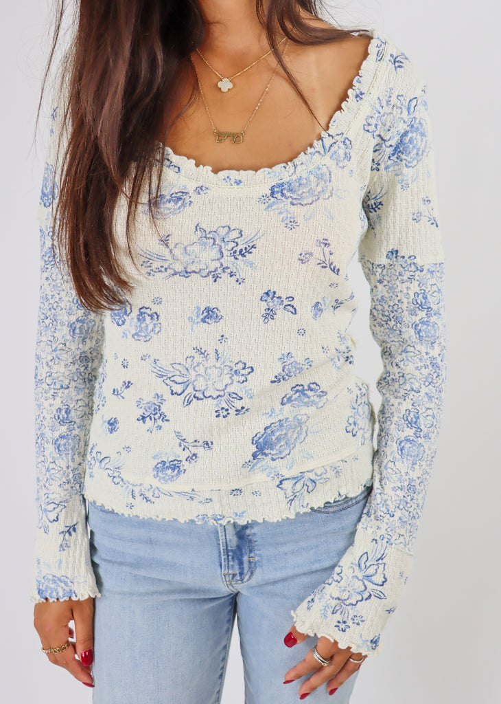 Free People Clover Printed Thermal ★ Blue and Cream