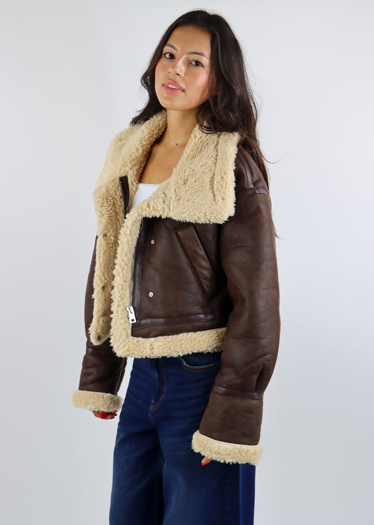 Faux Leather Jacket With Sherpa Detail ★ Brown