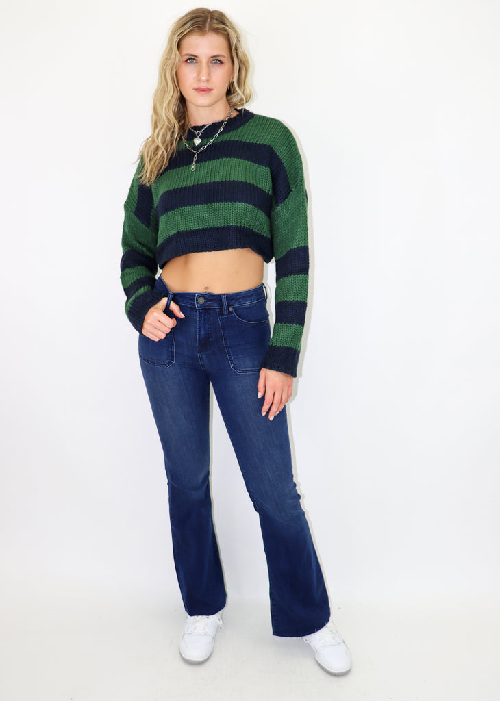 Blue and navy stripped knit sweater. Cropped fit.