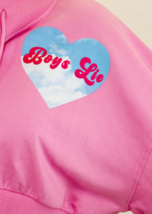 boys lie pink left side heart graphic with boys lie font and blue sky with clouds cropped fit henley style brown buttons drawstring neckline lightweight fleece fabric ribbed cuffs and hem comfy athleisure loungewear sweatshirt women's clothing