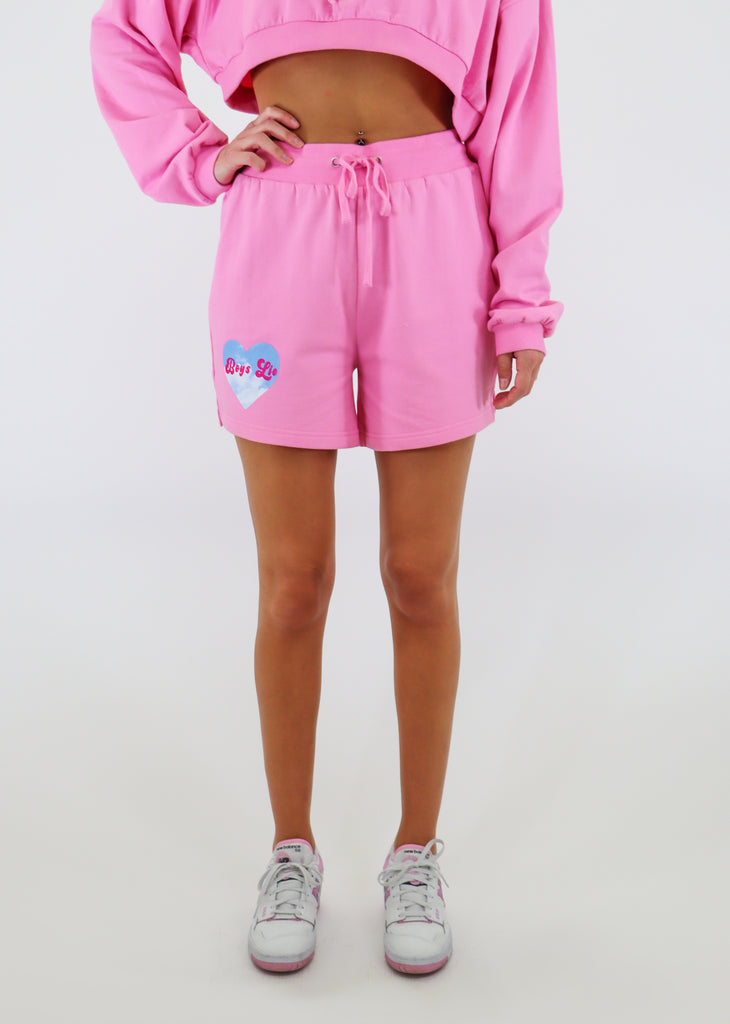 pink boys lie shorts drawstring waist mid-thigh length boys lie graphic right side in heart with blue sky and clouds high rise waist adjustable tie waistband fleece fabric oversized fit comfy loungewear cozy athleisure women's clothing fashion