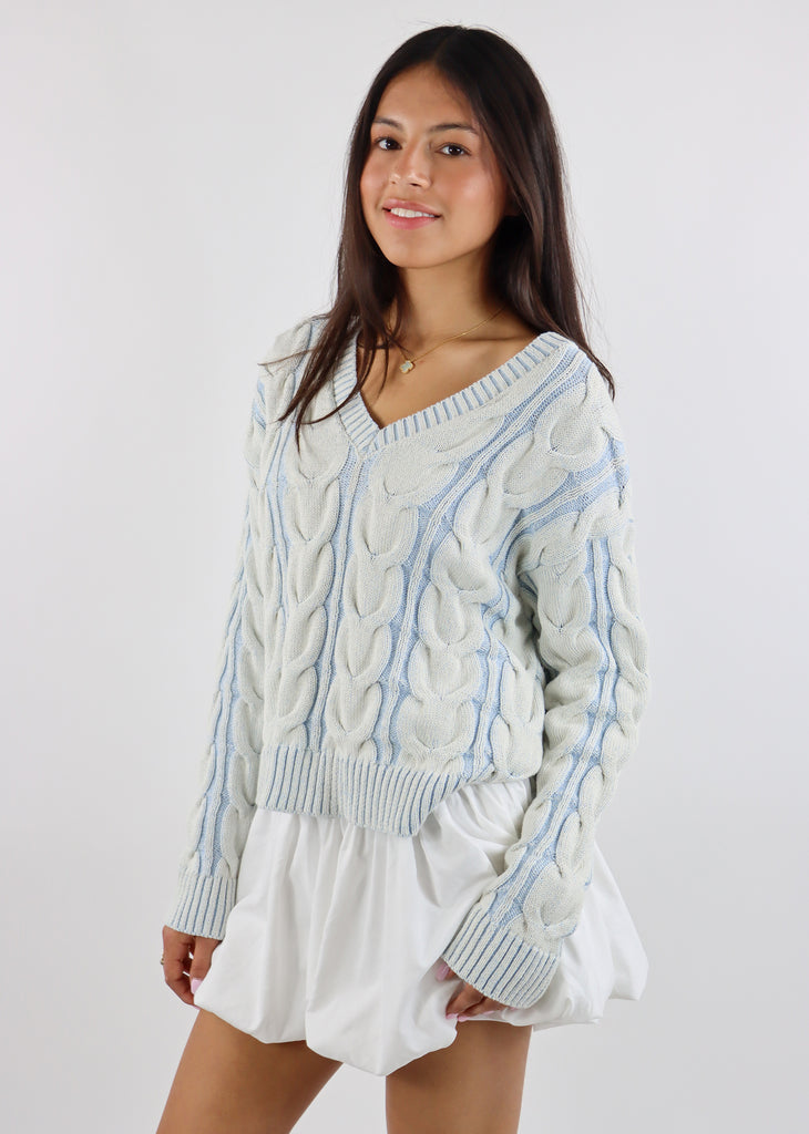 Free People Washed Cable V Neck Sweater ★ Vintage Sky Blue