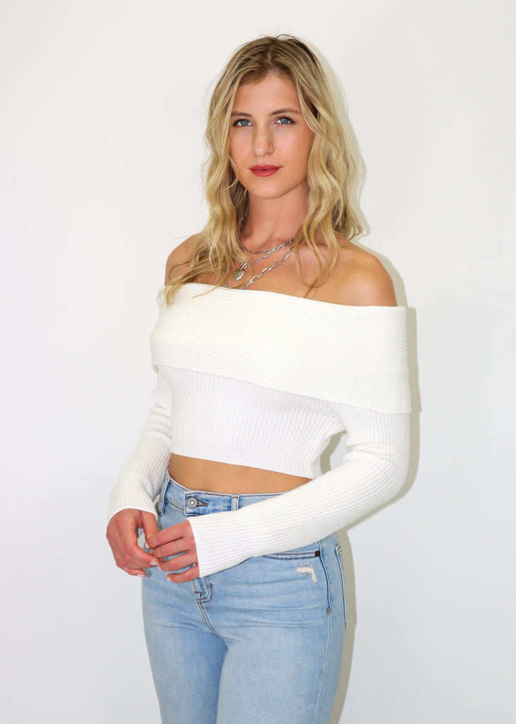 white off the shoulder knit cropped sweater 