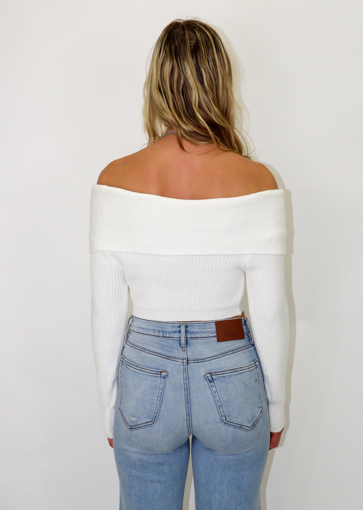 white off the shoulder knit cropped sweater 