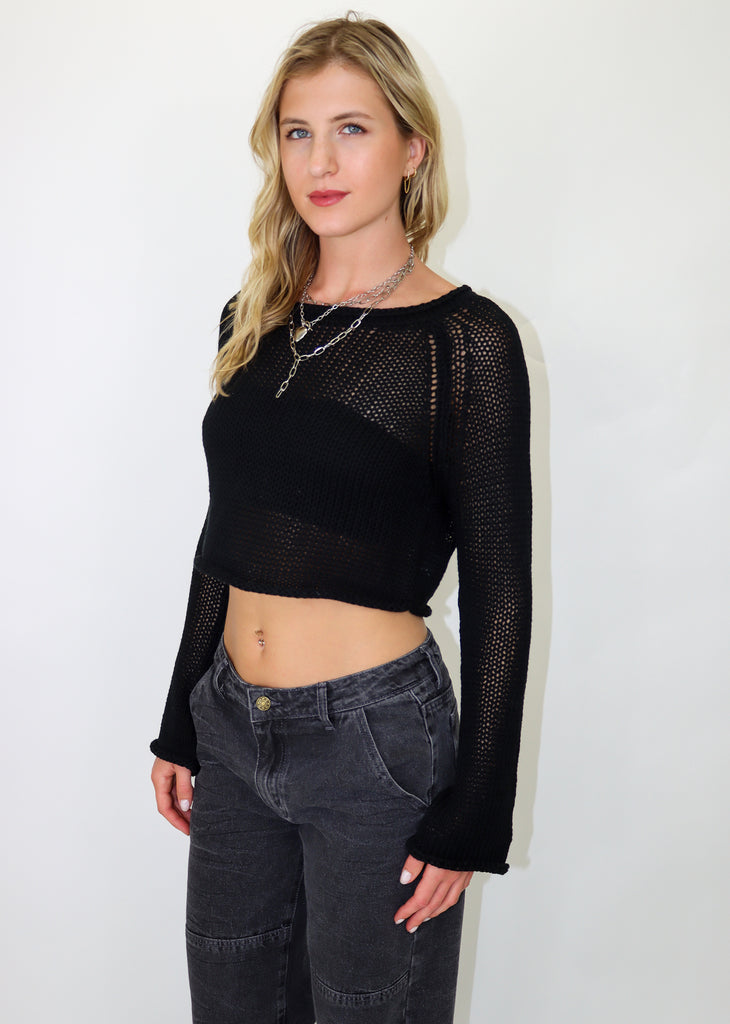 black slightly sheer knit cropped sweater