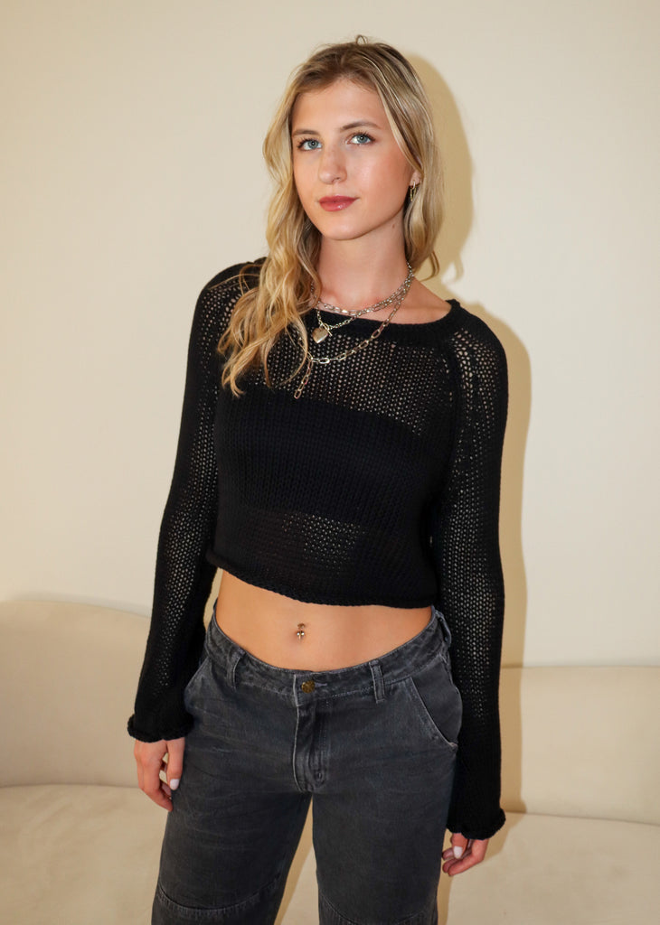 black slightly sheer knit cropped sweater