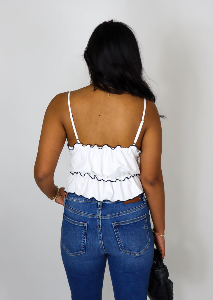 White ruffle lettuce trim with front tie tank top