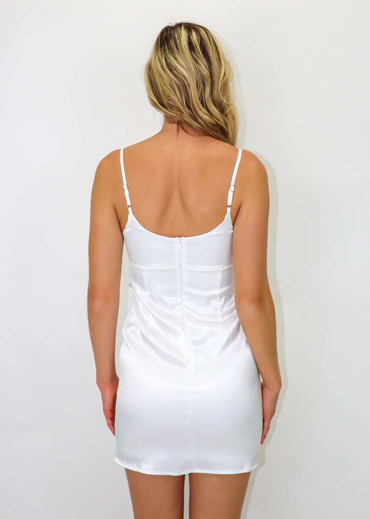 white satin mini dress with rhinestone detail under bust and adjustable thin straps