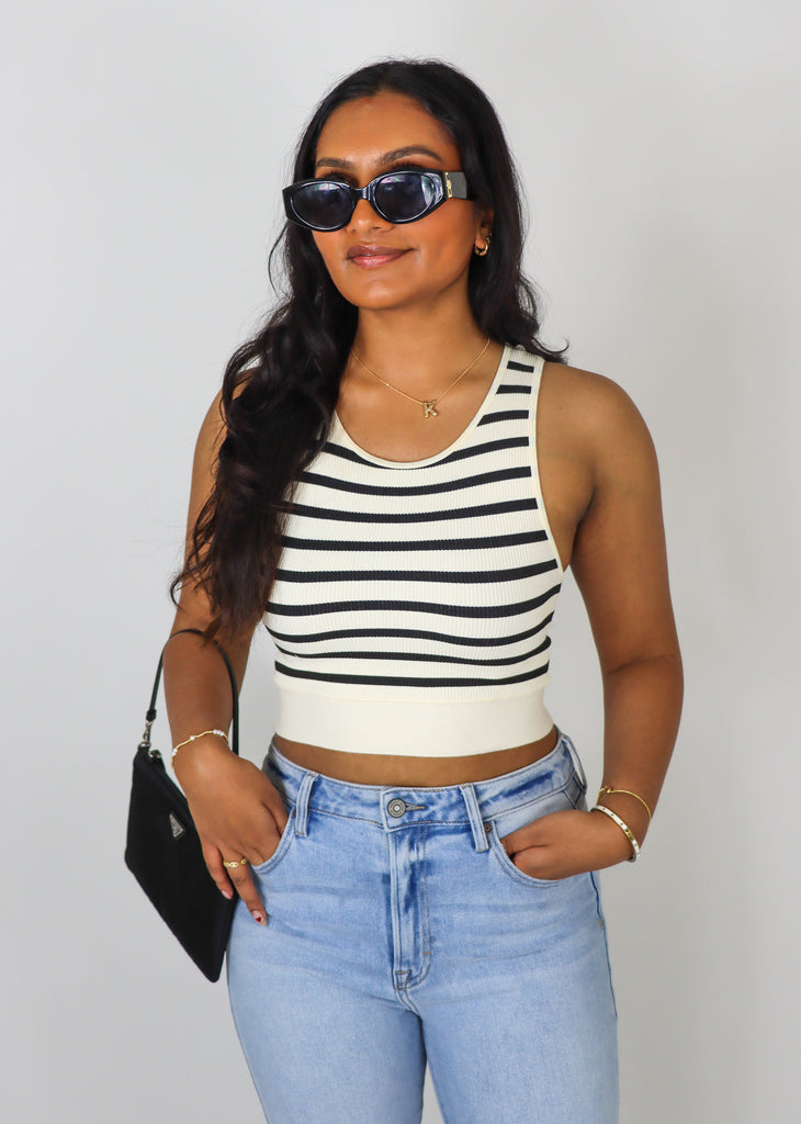 Ivory and black striped seamless cropped tank top