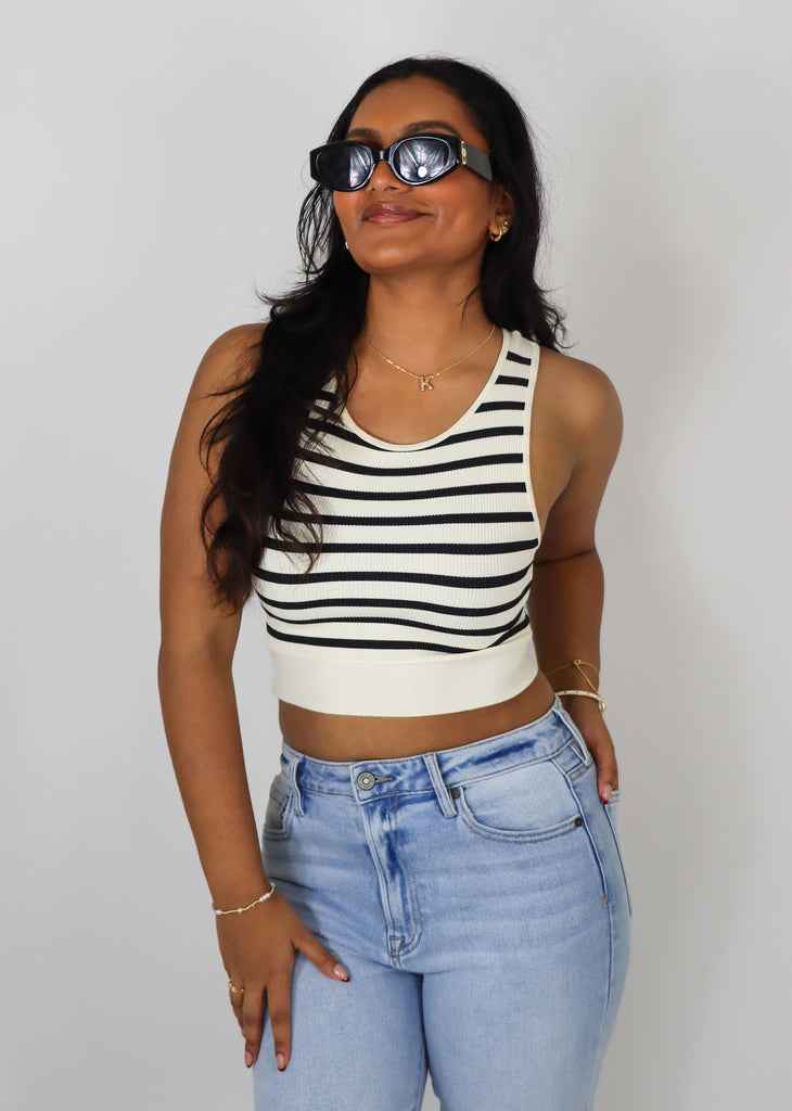 Ivory and black striped seamless cropped tank top