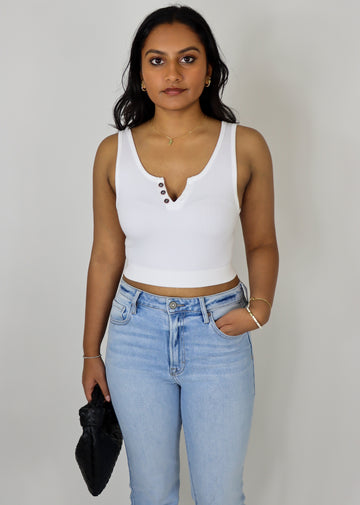 White ribbed henley notch neckline cropped tank top