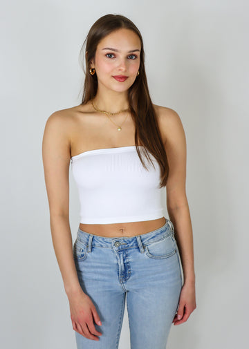 White ribbed cropped tube top 