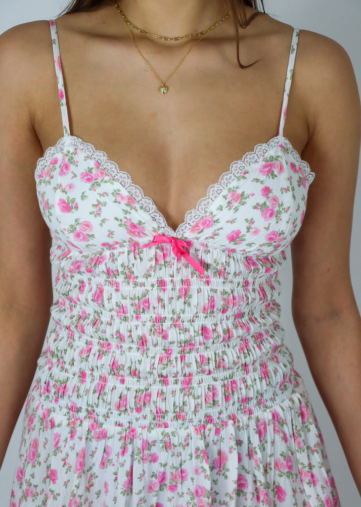 Pink floral lace trim smocked bodice front hot pink bow mini dress